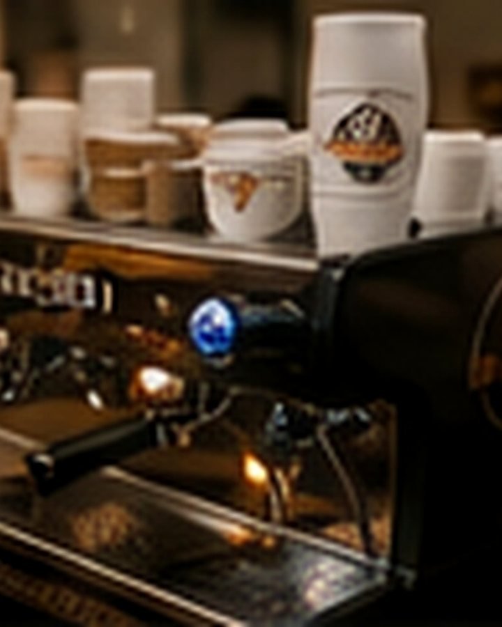 Detail van een professionele espressomachine met kopjes erbovenop