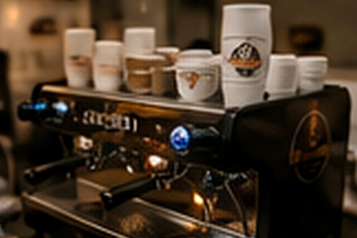 Detail van een professionele espressomachine met kopjes erbovenop